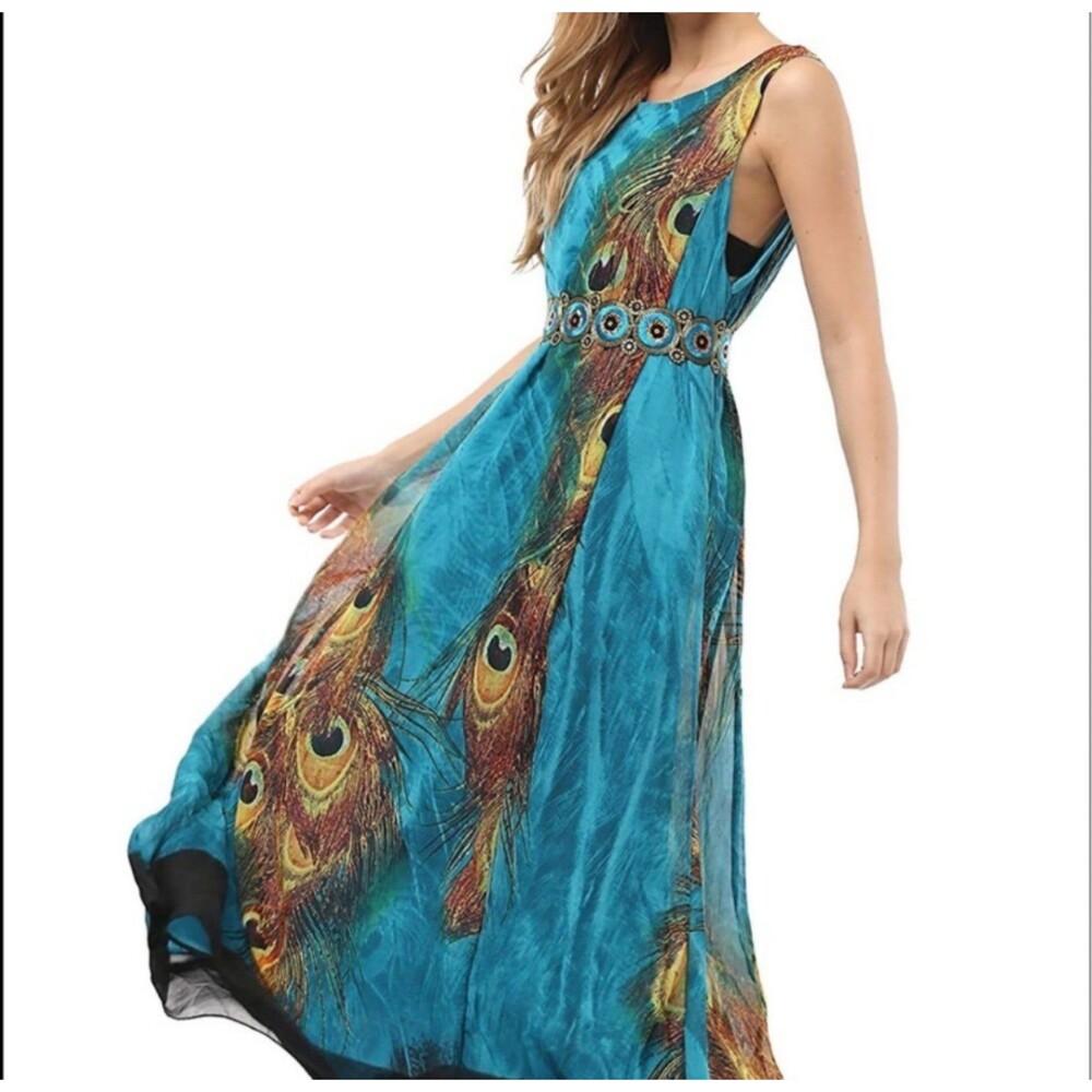 Peacock Feather Print Sleeveless Chiffon Wantdo Dress